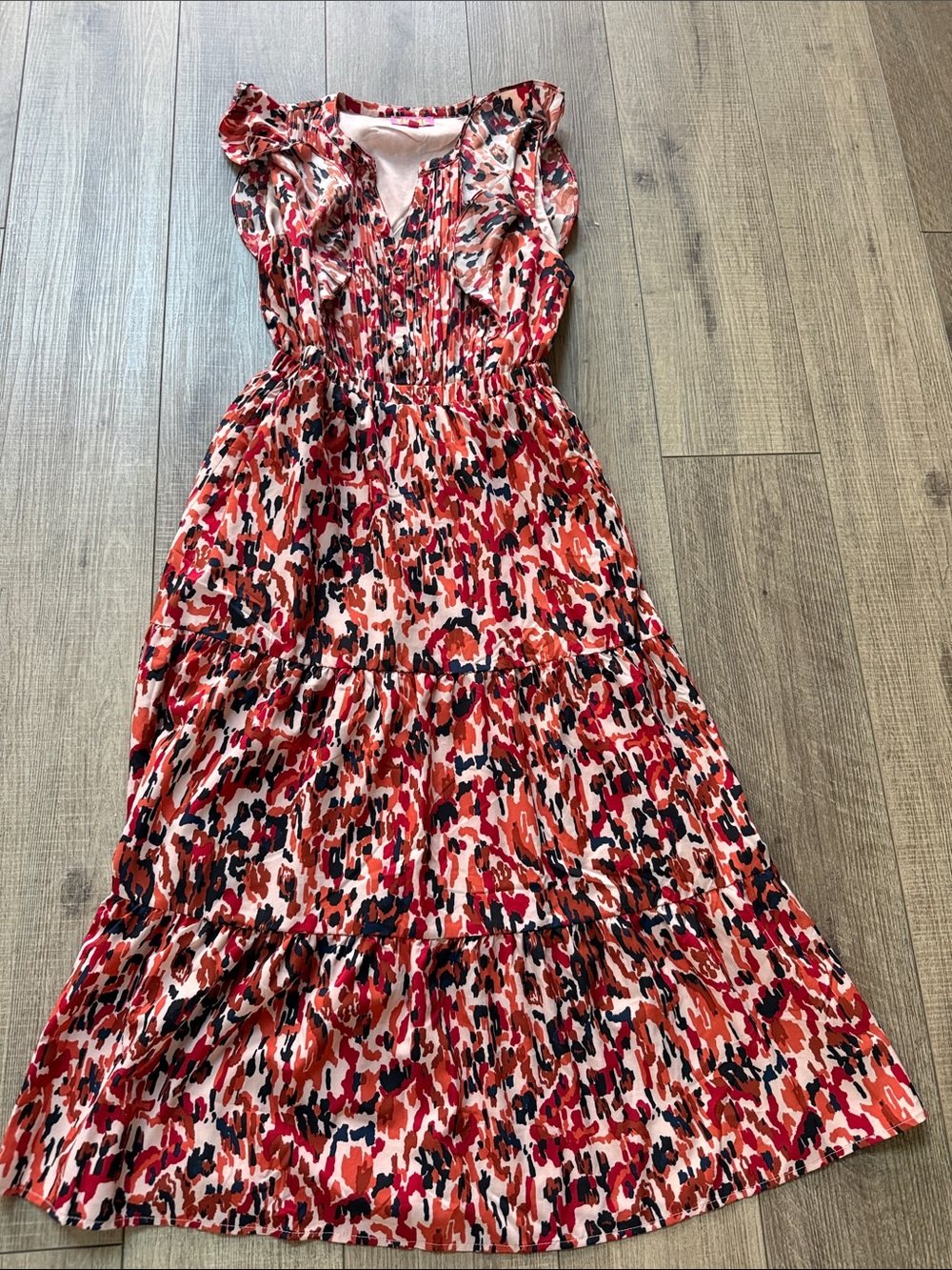 Women’s THML Red Orange Beige  Multi Tiered Ruffle Midi Dress Small